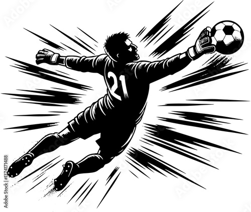 A Soccer Goalkeeper Making A Big Save, Black And White Football Silhouette
