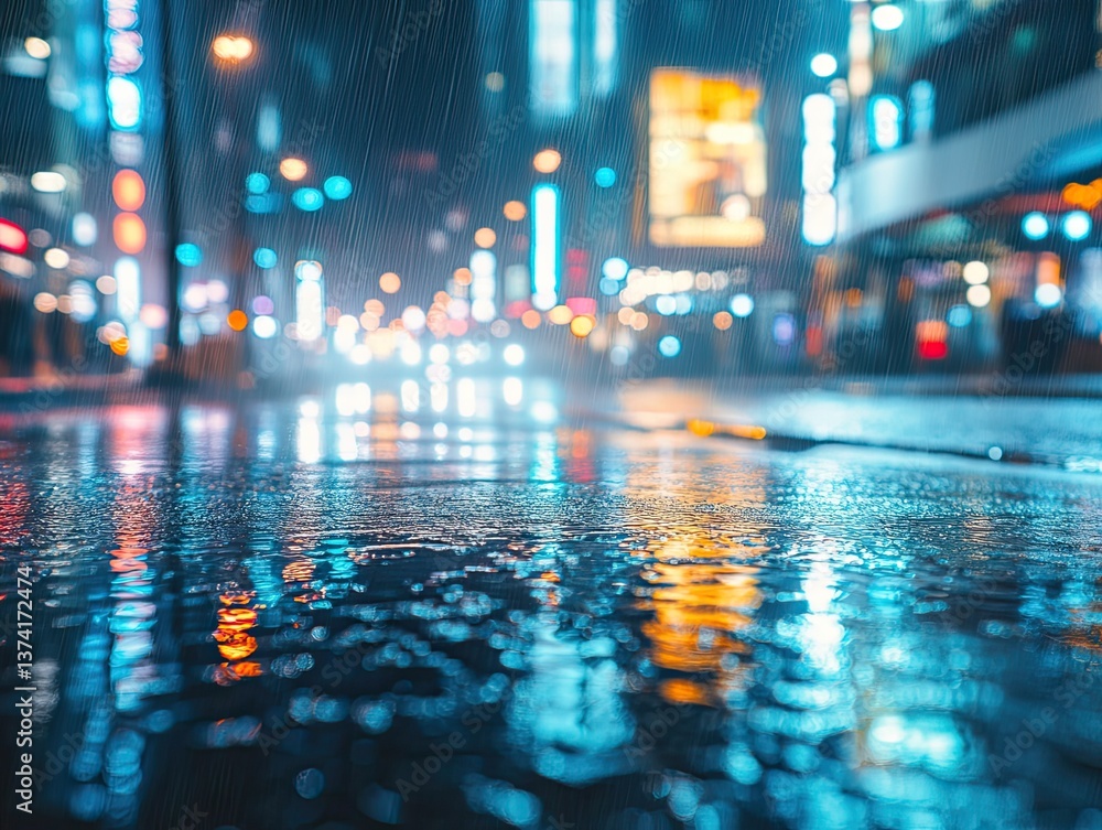 low angle view of a megapolis night street after the rain