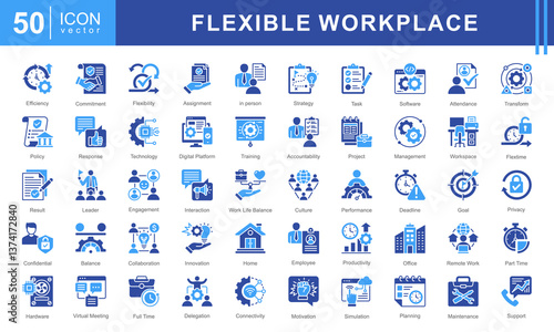 Flexible Workplace icon set featuring icons for remote work, productivity, collaboration, digital platforms, and work-life balance. Ideal for modern office environments, HR, and business management.