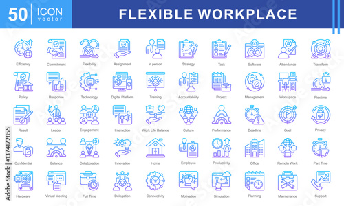 Flexible Workplace icon set featuring icons for remote work, productivity, collaboration, digital platforms, and work-life balance. Ideal for modern office environments, HR, and business management.