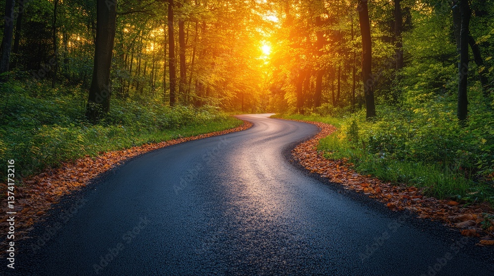 Winding Road to Golden Sunset: A captivating view of a winding road leading towards a vibrant sunset, with a mesmerizing golden glow piercing through the dense forest canopy. Winding Road to Golden Sunset: A captivating view of a winding road leading towards a vibrant sunset, with a mesmerizing golden glow piercing through the dense forest canopy.