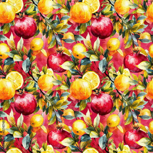 Garden Harvest: Vibrant Fruits, Watercolor Seamless Tile