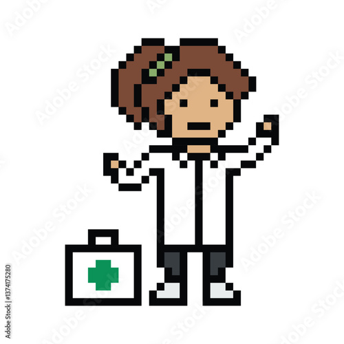 Cute pixel cartoon 8 bit character woman doctor scientist game care decoration pharmacist female doctor uniform lady in hospital 8 bit woman pixel art game 8bit png vector.