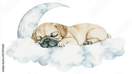Sleeping french bulldog puppy on cloud with moon watercolor illustration
