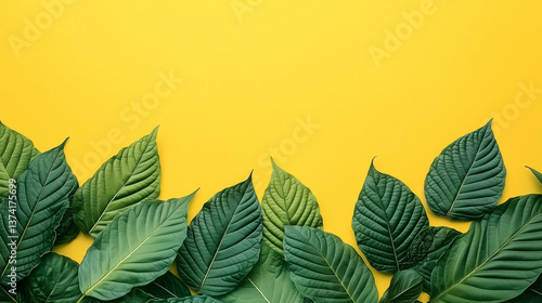 Green leaves border on yellow background