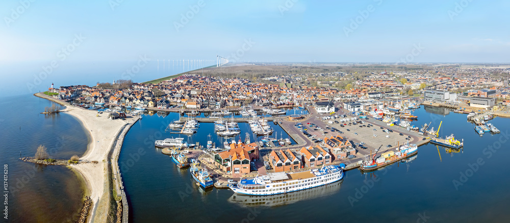 Fototapeta premium Aerial panorama from the historical town Urk at the IJsselmeer in the Netherlands