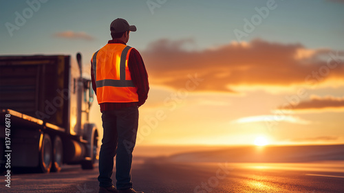 Truck driver in orange high-visibility safety vest watching sunset on highway with semi truck parked nearby, golden light shine on the open road and distant horizon