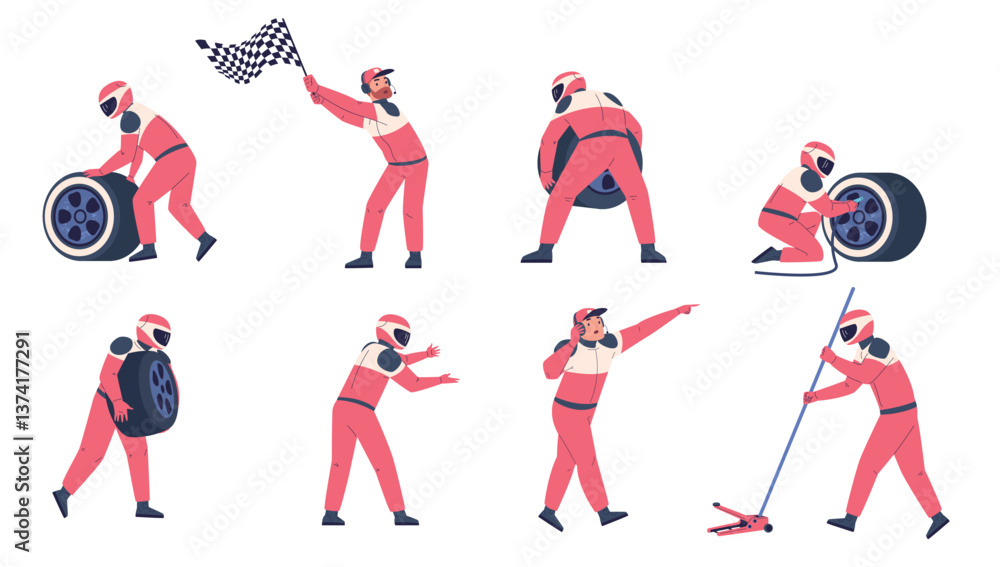 Obraz premium Pit stop team. Racing engineers, formula one sport car mechanic crew race driver technician maintenance characters motor pilot speed road lane racer, set classy vector illustration