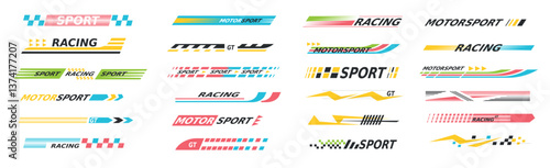 Racing car stripes. Speed race cars motosport line strip stickers, auto motorcycle side decal bars design motorbike flag stickers checker pattern cartoon classy vector illustration
