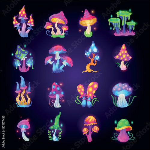 Cartoon fantasy mushrooms. Magic alien hallucinogenic mushroom, bizarre fantastic plants fungus tree with slime unusual toadstool fairy tale nature game, swanky vector illustration