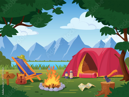 Cartoon forest camp landscape. Summer picnic in woodland, forest campsite travel camping with bonfire and tent nature background scene vacation brochure, tidy vector illustration