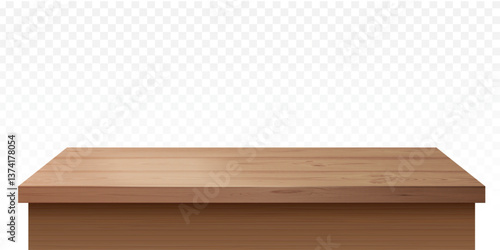 Realistic wooden table. Wood base surface, kitchen desk or office counter rustic tabletop natural board platform foreground brown flooring plank texture, exact vector illustration