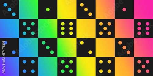 Modern rainbow seamless pattern with dice style. Neon checkered domino design backdrop for textile, wrapping paper, fabric, wallpaper, cover.