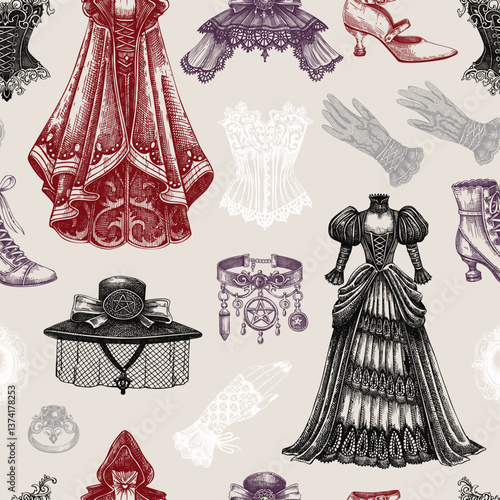 Gothic background. Hand-drawn fashion illustration. Victorian clothes designs. Halloween seamless pattern. Vampire woman vector. NOT AI generated
