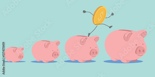 Piggy bank, gold dollars, budget increase. Money accumulation, investment growth, vector drawing