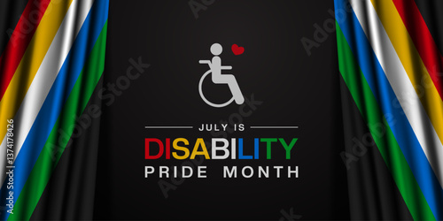 Disability Pride Month. Flag disability, people and heart. Great for posters, banners, social media and more. Black background.