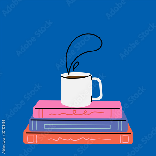 Stack of books and a сup of coffee. Cozy minimalist illustration