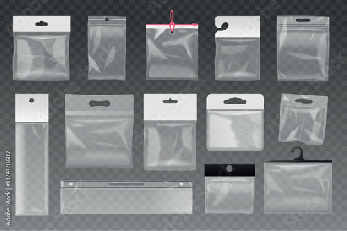 Plastic hanging packaging. Plastic pocket hanger tag, pvc transparent bag empty clear case laminate polypropylene package retail hook wrap, realistic exact vector illustration