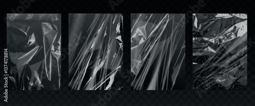 Polyethylene film. Plastic clear wrap protection, cellophane films material transparent wrinkle texture, crumpled foil paper overlay effect, realistic exact vector illustration