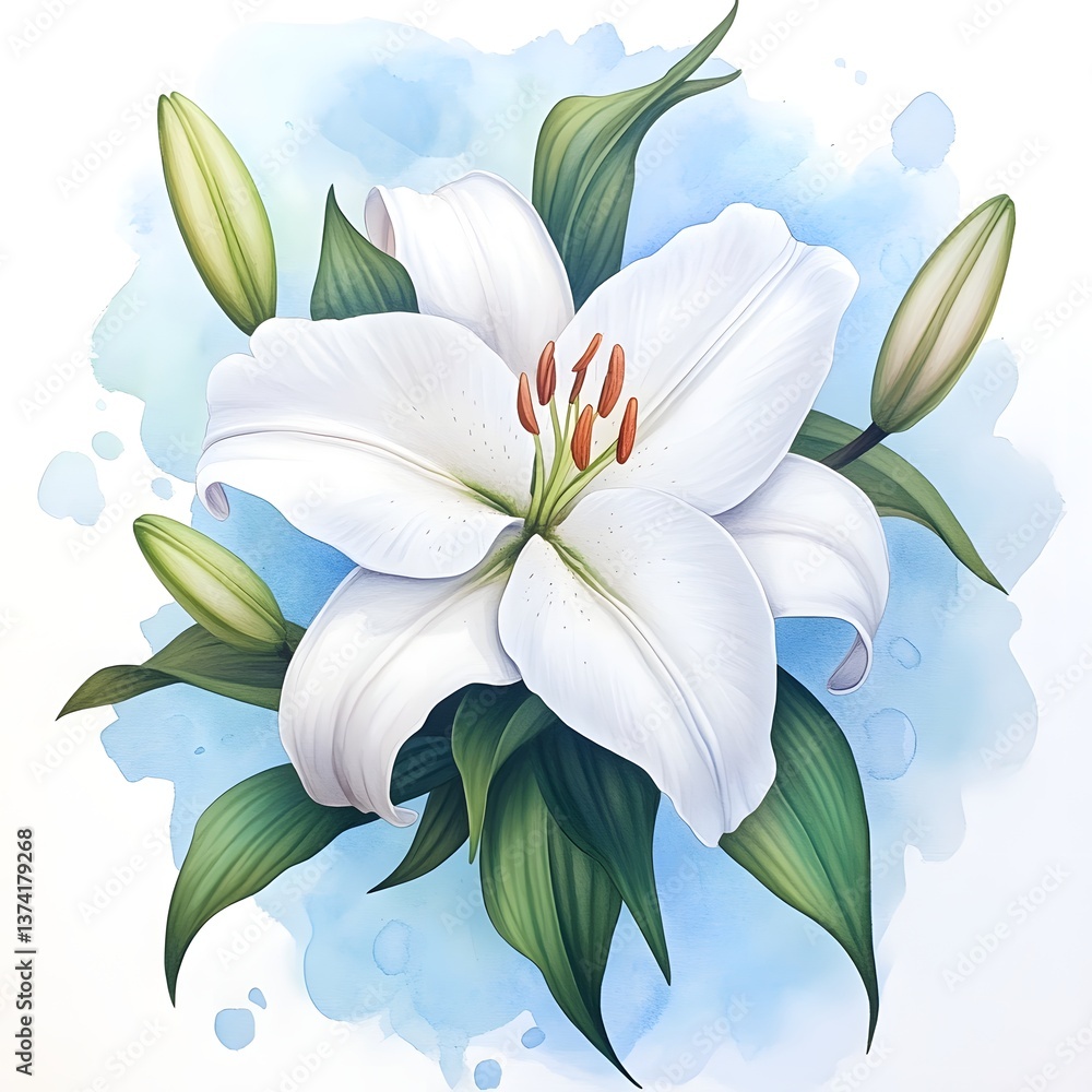 Fototapeta premium Elegant White Lily Flower Blossom Watercolor Painting Botanical Illustration