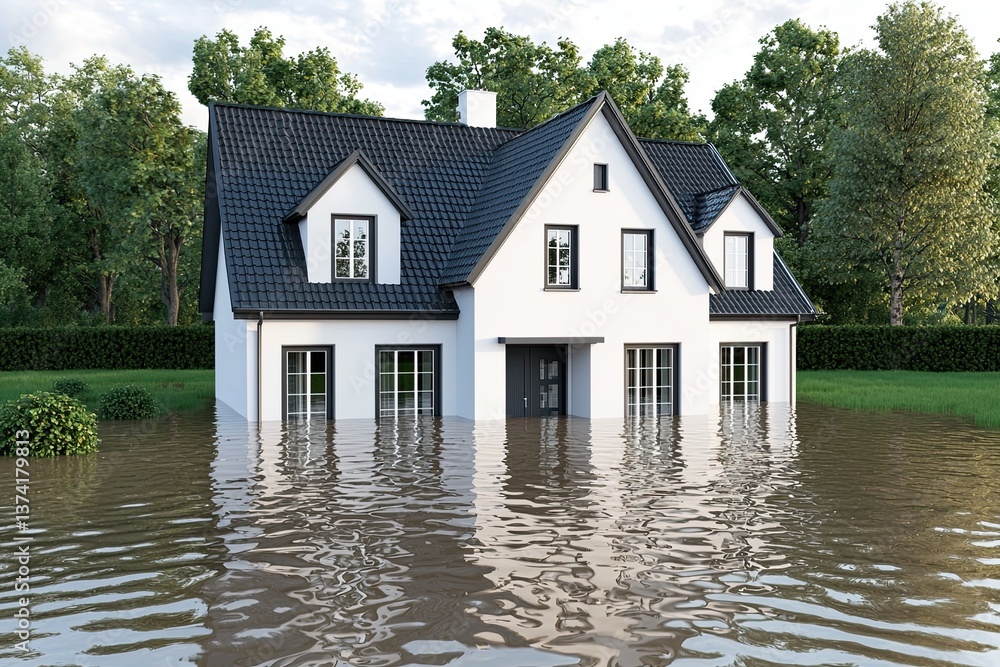 Flooding disaster affects residential area submerged house waterlogged environment aerial view emergency response Flooding disaster affects residential area submerged house waterlogged environment aerial view emergency response