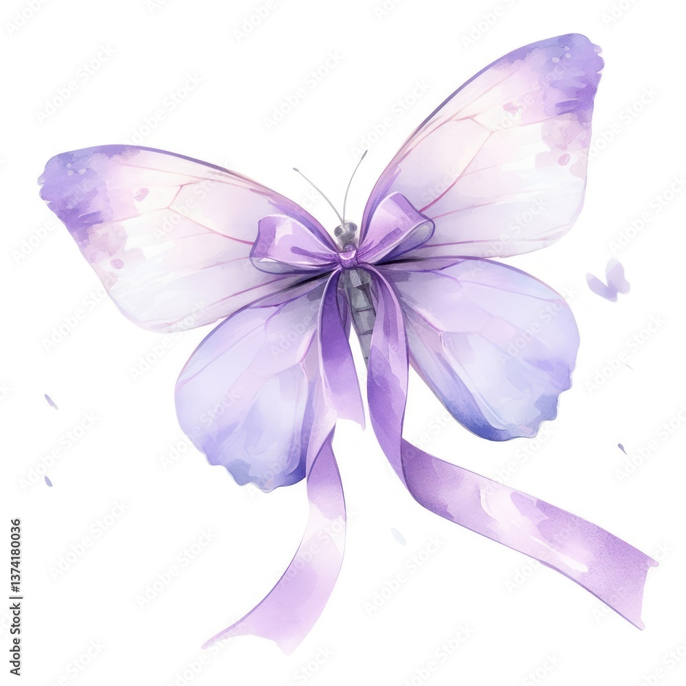 Fototapeta premium Purple coquette butterfly illustration watercolor ribbon.