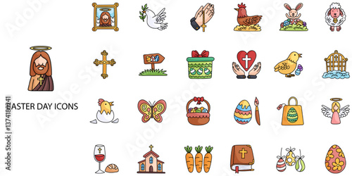Ester day simple concept 24 hand drawn color icons set. Contains such candle, catholicism, christianity .Vector illustration.