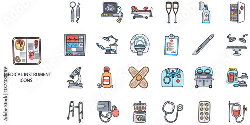 Medical instrument simple concept 24 hand drawn color icons set. Contains such healthcare and medicine, medical supplies .Vector illustration.