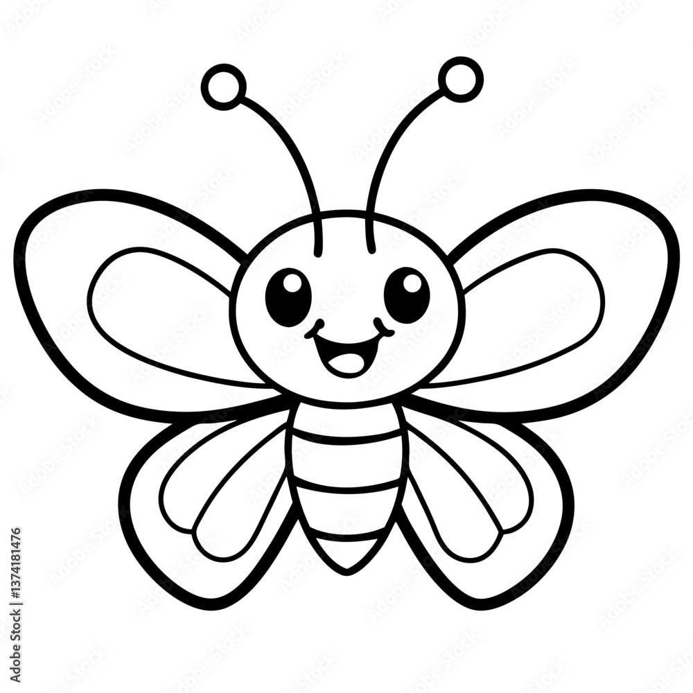 Fototapeta premium Cute Kawaii Cartoon Butterfly – Simple Black and White Line Drawing with Smiley Face and Big Wings on Pastel Background.