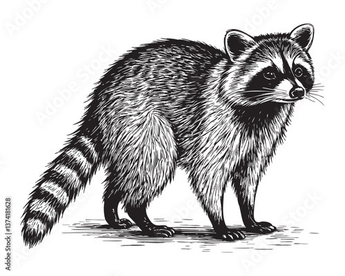 raccoon woodcut engraving vector illustration