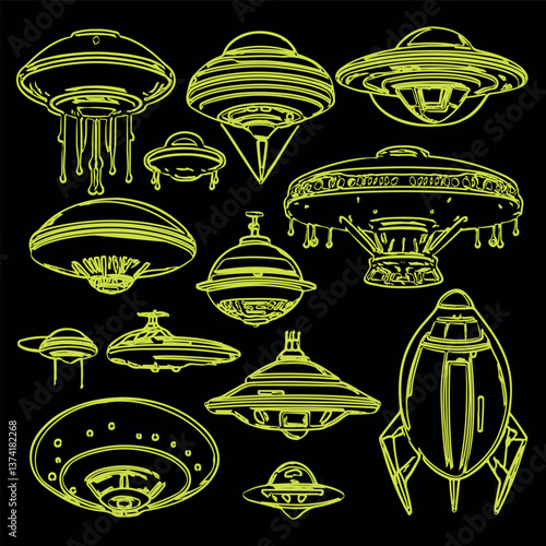 A set of hand-drawn UFO sketches. Ufology. Conspiracy theory. Mysticism. Flying objects. Aliens.