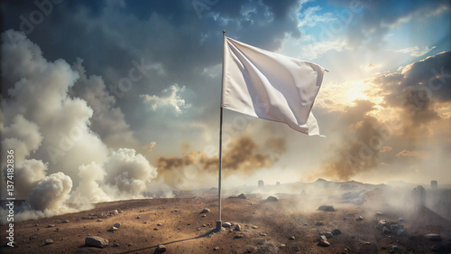Wallpaper Mural White flag waving on battlefield with smoke in background Torontodigital.ca