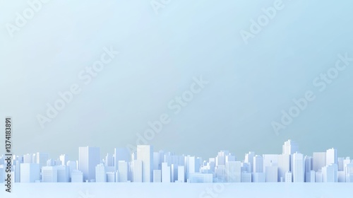 White cityscape background with buildings and skyscrapers on a light blue gradient, 3D rendering illustration of an urban landscape with copy space, minimalist style, high resolution, highly detailed