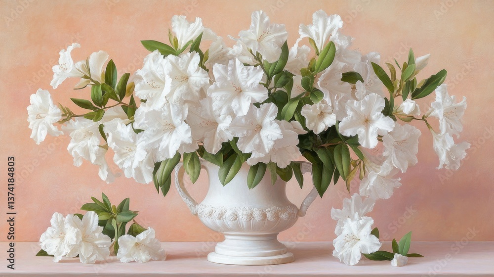 An ethereal bouquet of white azaleas in a vintage urn-style vase, set against a soft peach background An ethereal bouquet of white azaleas in a vintage urn-style vase, set against a soft peach background