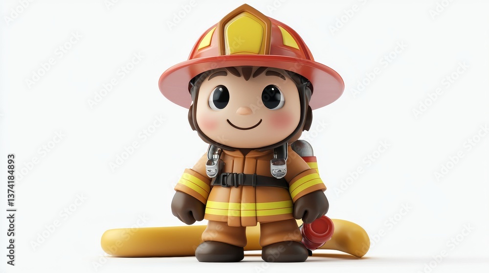 Cute Cartoon Firefighter Character with Hose and Helmet Cute Cartoon Firefighter Character with Hose and Helmet