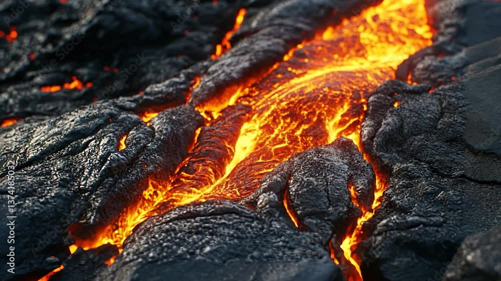 Molten rock flows through dark, rough volcanic surface Molten rock flows through dark, rough volcanic surface