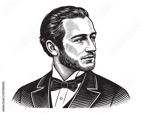 Gentleman portrait woodcut engraving vector illustration