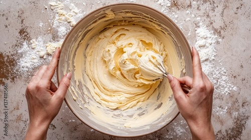 Hands mixing cake batter in a bowl. 