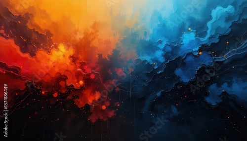 Dynamic color fusion abstract art digital artwork vibrant atmosphere aerial view energy burst