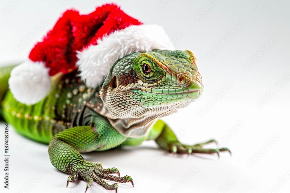 Fototapeta premium Lizard Wearing a Santa Hat on a White Background