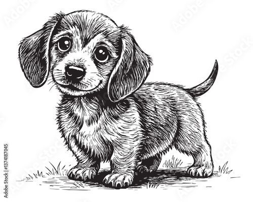 Cute puppy dog woodcut engraving vector illustration