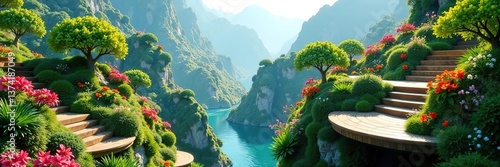 Vibrant floating gardens and lush terraced landscapes in a visionary world,  dreamworld,  utopia