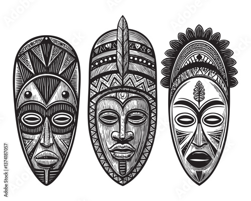 African tribal masks woodcut engraving vector illustration