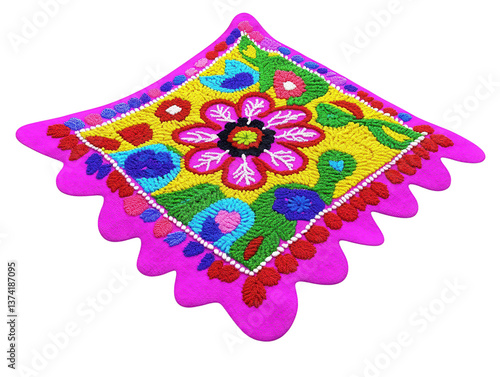 A decorative embroidered tablecloth with vibrant Latin-inspired patterns. transparent PNG
