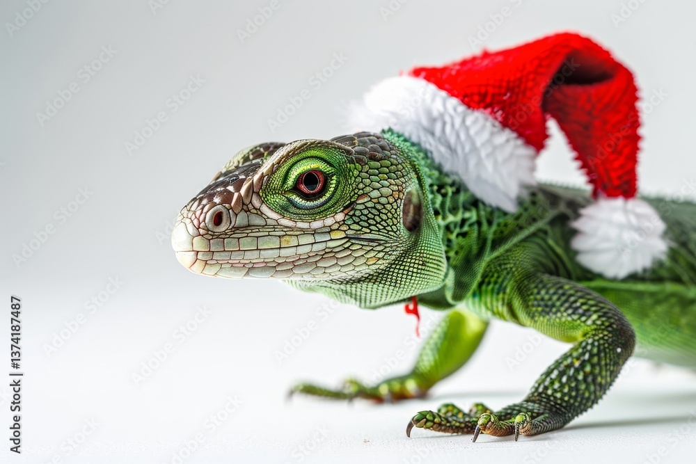 Fototapeta premium Lizard Wearing a Santa Hat on a White Background