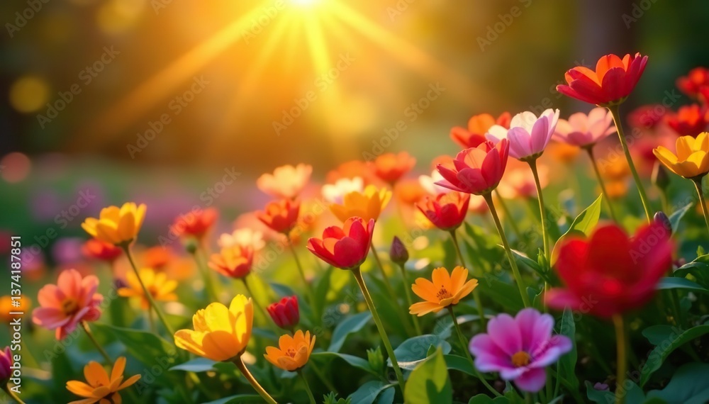 Vibrant flowers bathed in glowing sunlight, creating a picturesque scene, bright, fresh Vibrant flowers bathed in glowing sunlight, creating a picturesque scene, bright, fresh