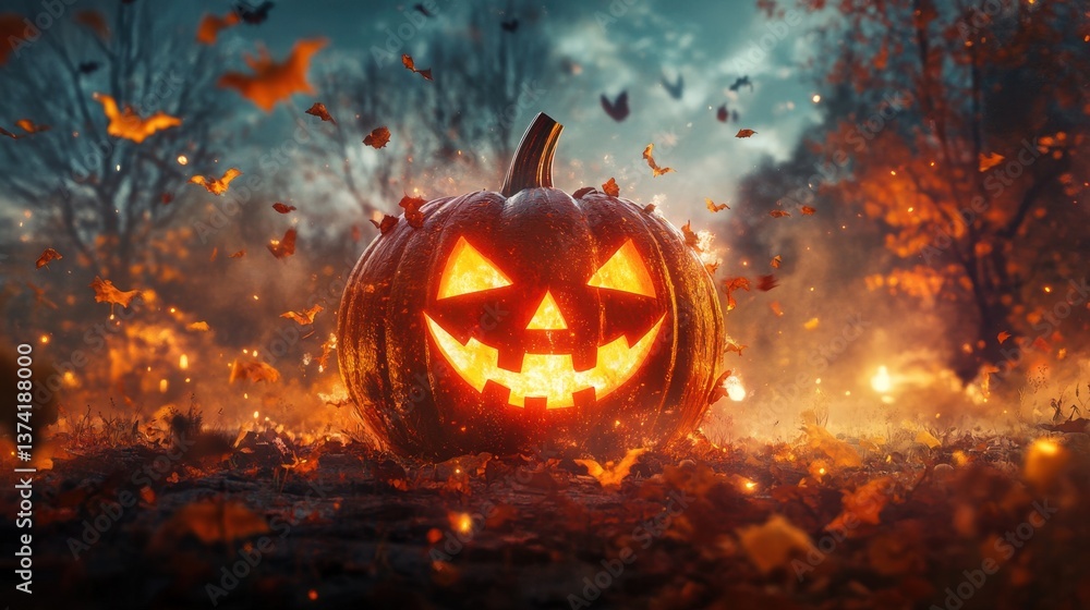 Fototapeta premium Glowing Jack o lantern in Autumn Leaves Halloween Night