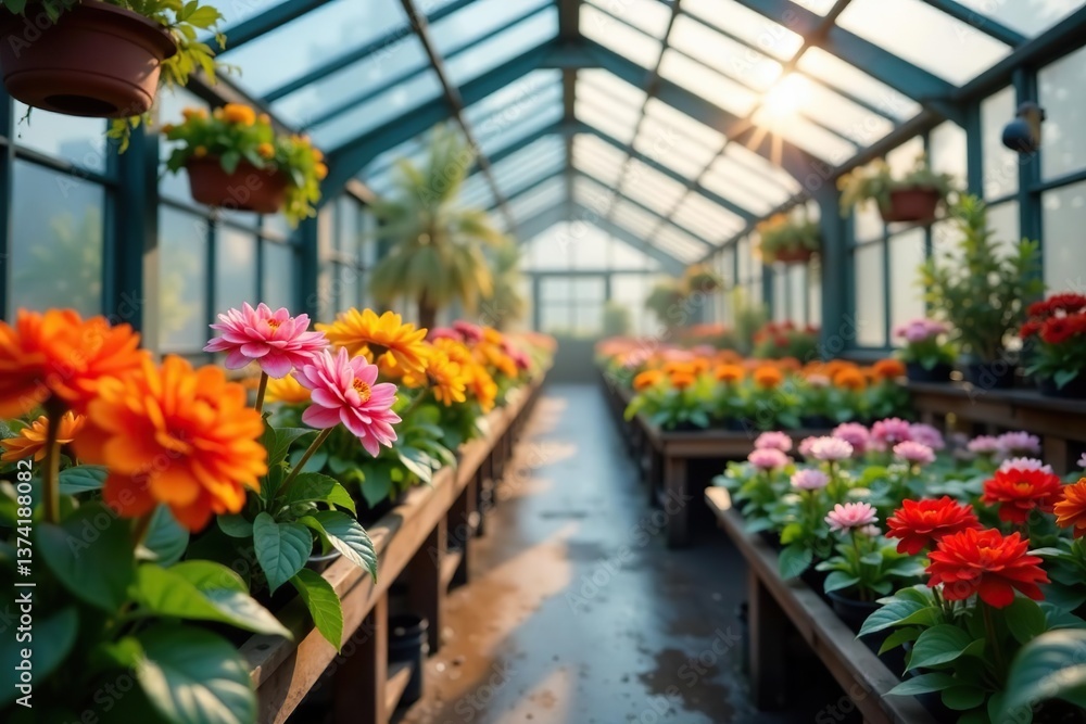 Fototapeta premium Vibrant flowers blooming inside a warm greenhouse during winter, temperature, warmth