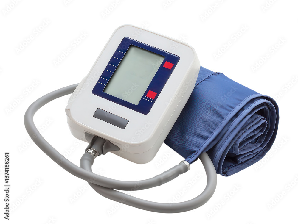 A digital sphygmomanometer with an LCD screen and adjustable cuff. transparent PNG A digital sphygmomanometer with an LCD screen and adjustable cuff. transparent PNG