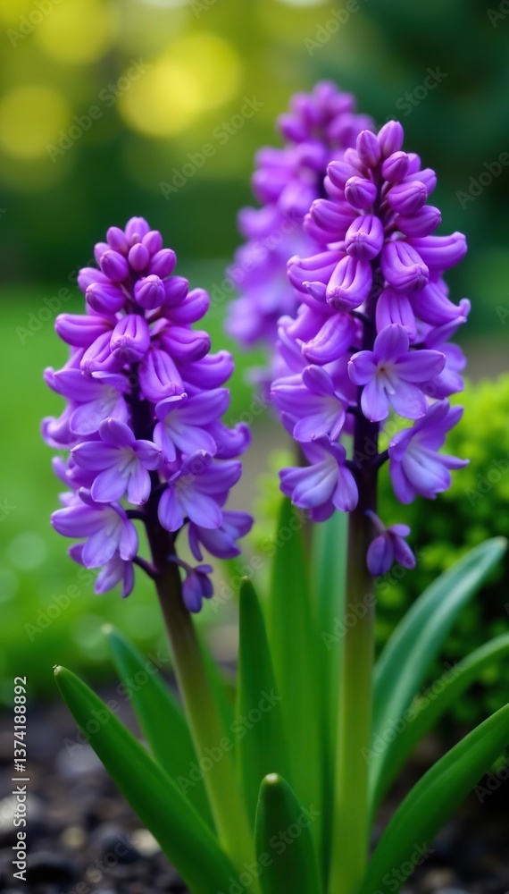 Fototapeta premium Vibrant purple Hyacinth (Hyacinthus orientalis) flowers blooming in a garden, spring, outdoors